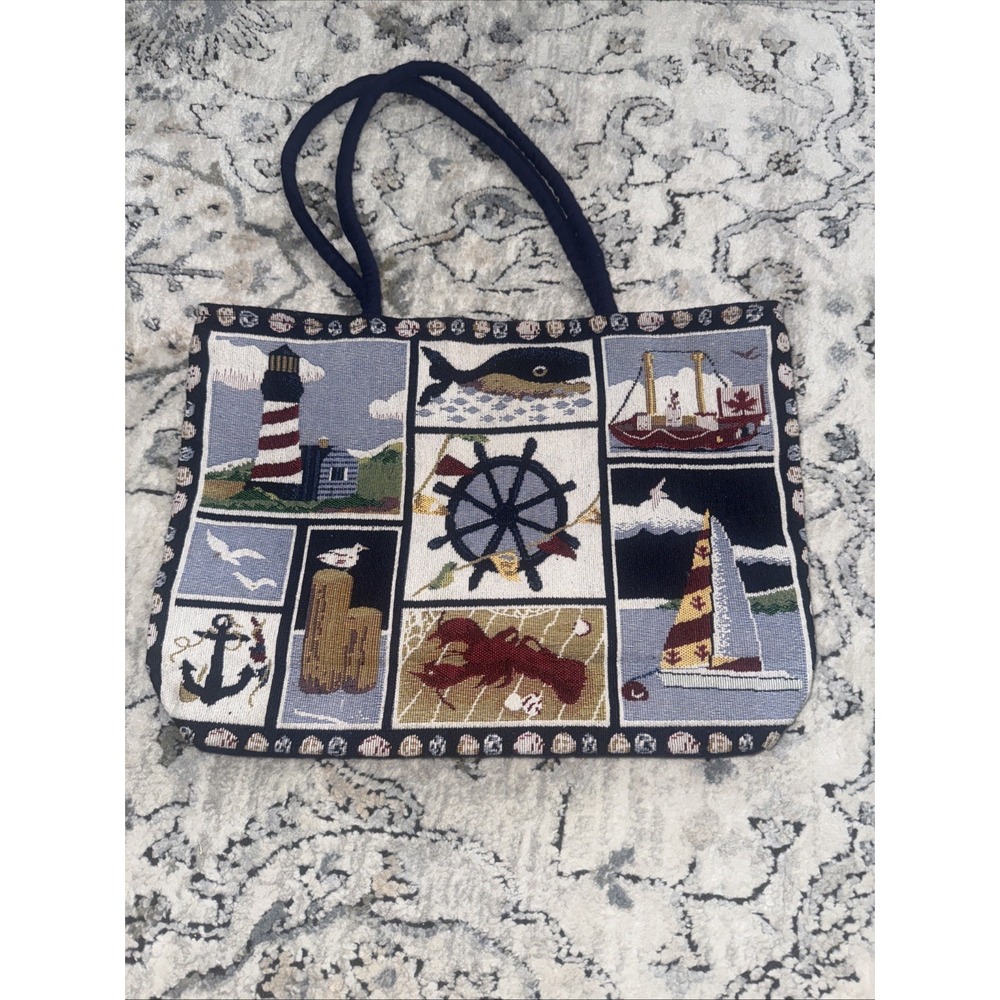 Tapestry Tote Shoulder Bag Gajmoti Of Canada 17x12 Nautical Print Zip Closure